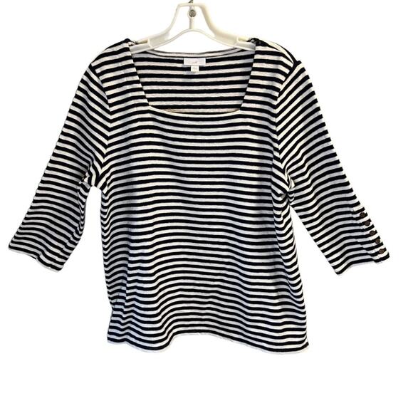 J. Jill Striped Square Neck Knit Top Navy White Size L Sleeve Buttons Nautical - Picture 4 of 11